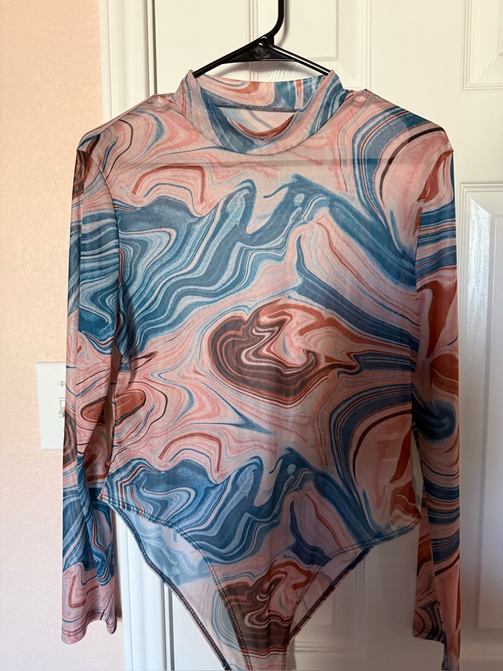 SHEIN Pink & Blue Marble Print Mesh Bodysuit
